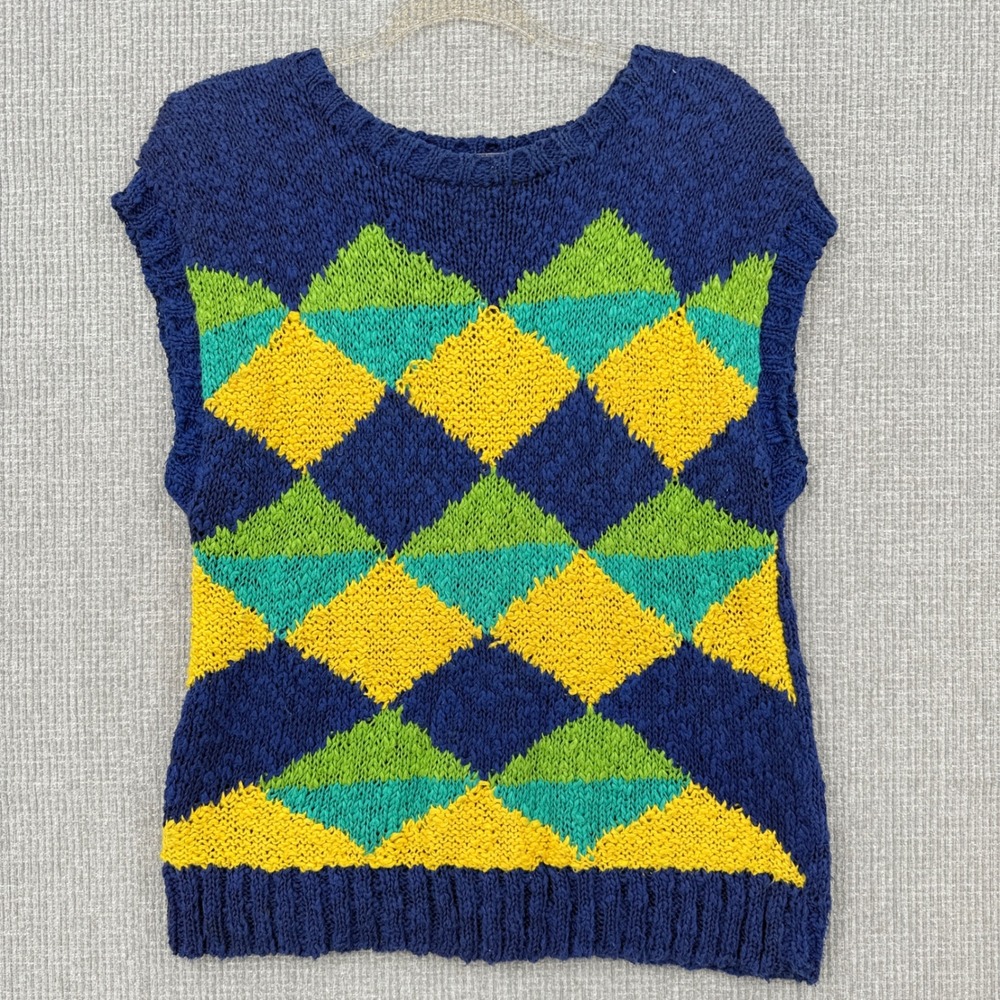 Handknit Jack Winter Vest Sweater Diamond Academia Blue Green Yellow Sz S Preppy